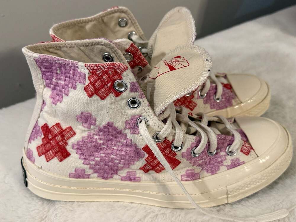 Converse High Top Sneakers White with Pink & Red Cross-Stitch Pattern